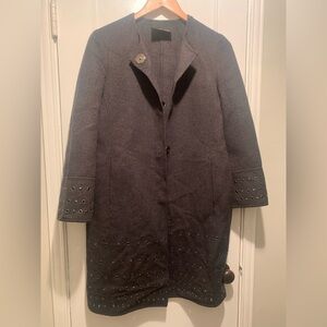 Carlisle Wool Angora Charcoal Grey Coat Grommet Detail Quiet Luxury Old Money